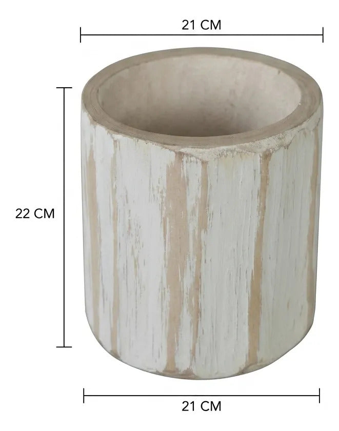 Jarron Madera Kiri Blanco Texturado Florero Deco 22x21cm