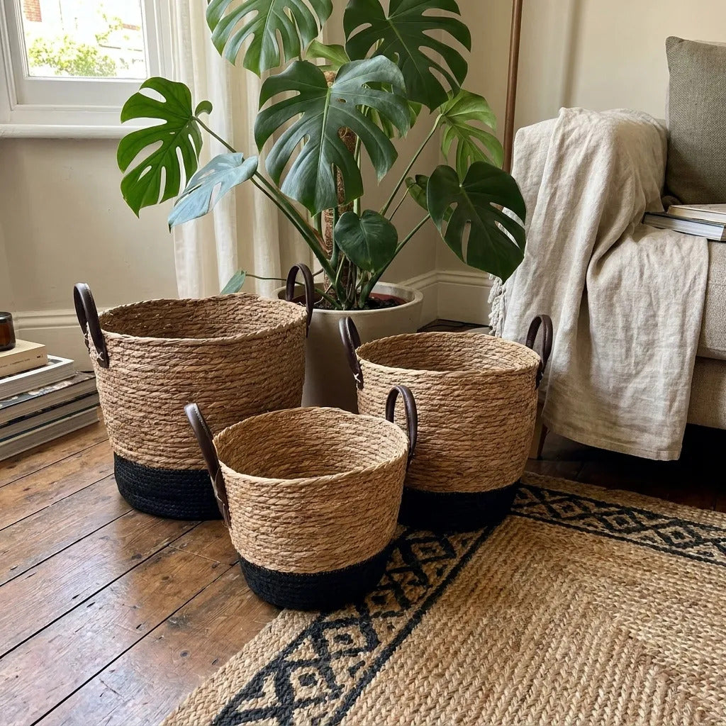 Set 3 Canastos Fibras Naturales Manijas Ecocuero Organizador