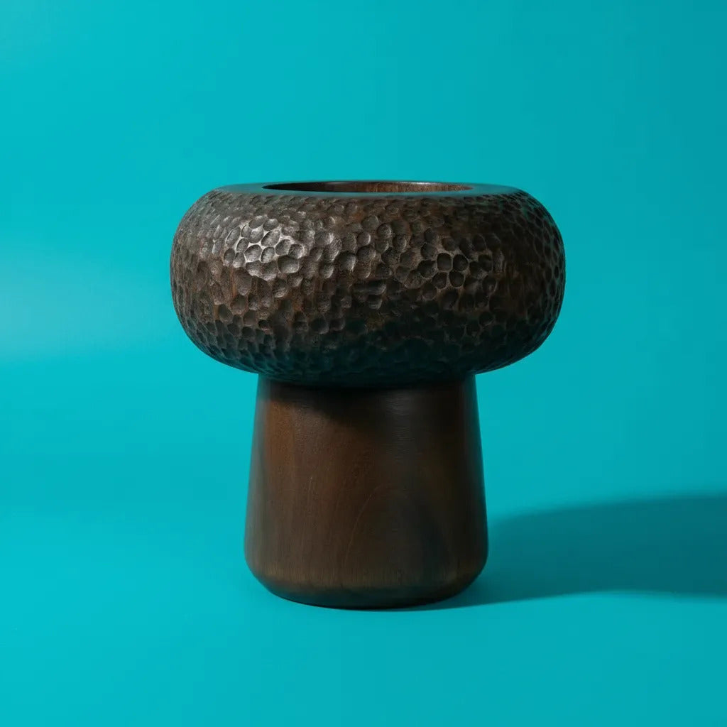 Jarrón Florero Madera Kiri Cincelado Laqueado Copón 31x27cm