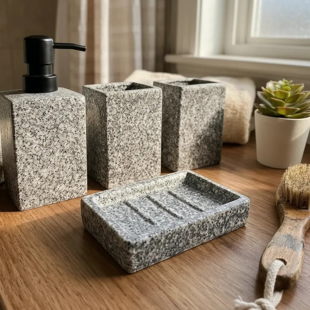 Set Accesorios Baño 4 Piezas Ceramica Granito Rectangular