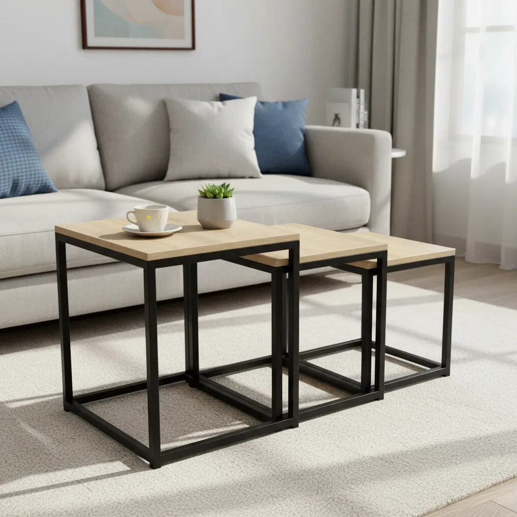 Mesas Ratonas Set X3 Nido Hierro Y Madera Estilo Industrial