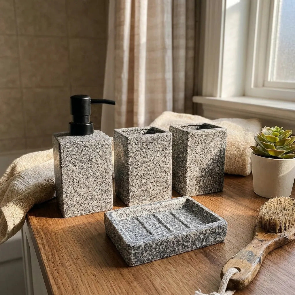 Set Accesorios Baño 4 Piezas Ceramica Granito Rectangular