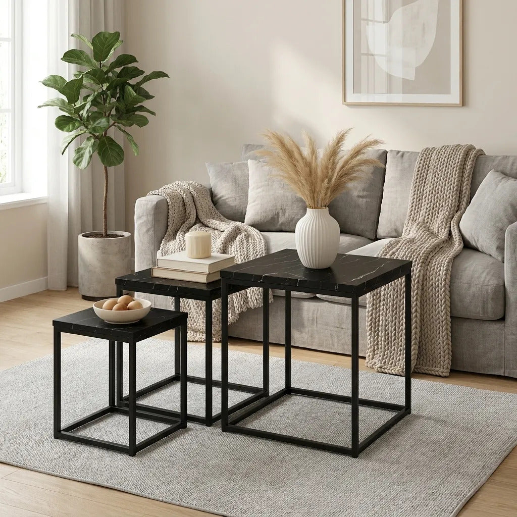 Mesas Ratonas Set X3 Hierro Y Madera Simil Marmol Negro