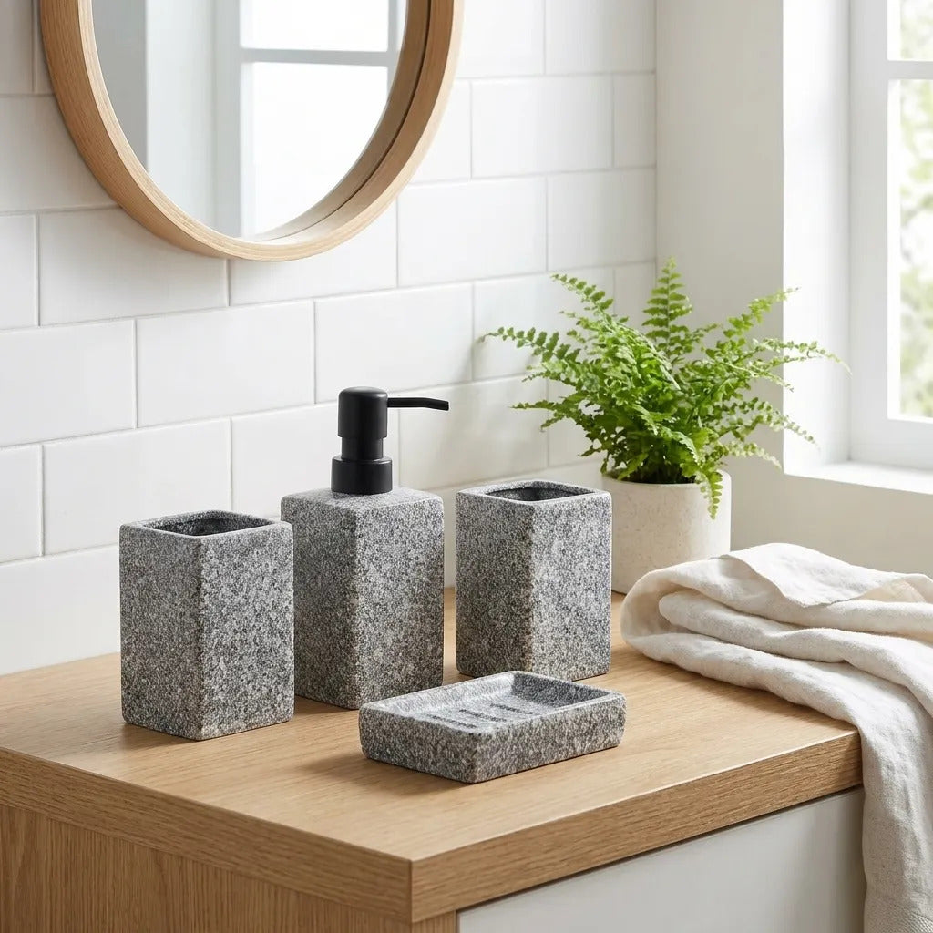 Set Accesorios Baño 4 Piezas Ceramica Granito Rectangular