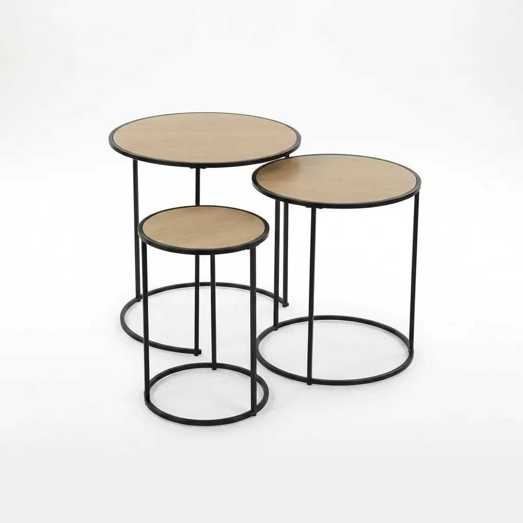 Mesas Ratonas Nido Set X3 Hierro Y Madera Clara Industrial