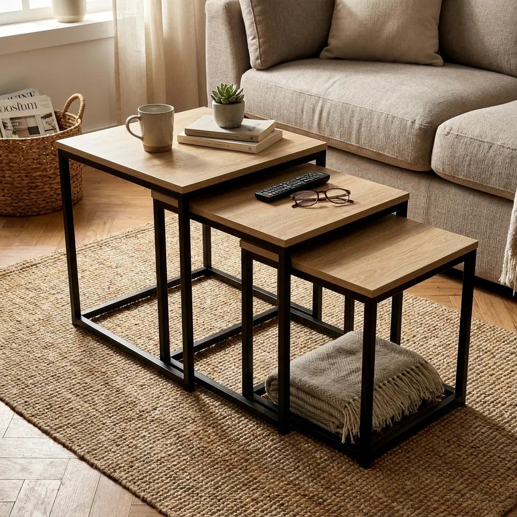 Mesas Ratonas Set X3 Nido Hierro Y Madera Estilo Industrial