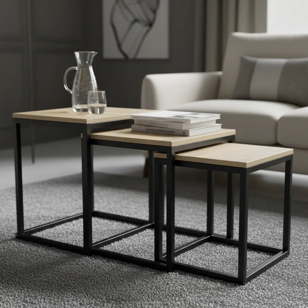 Mesas Ratonas Set X3 Nido Hierro Y Madera Estilo Industrial