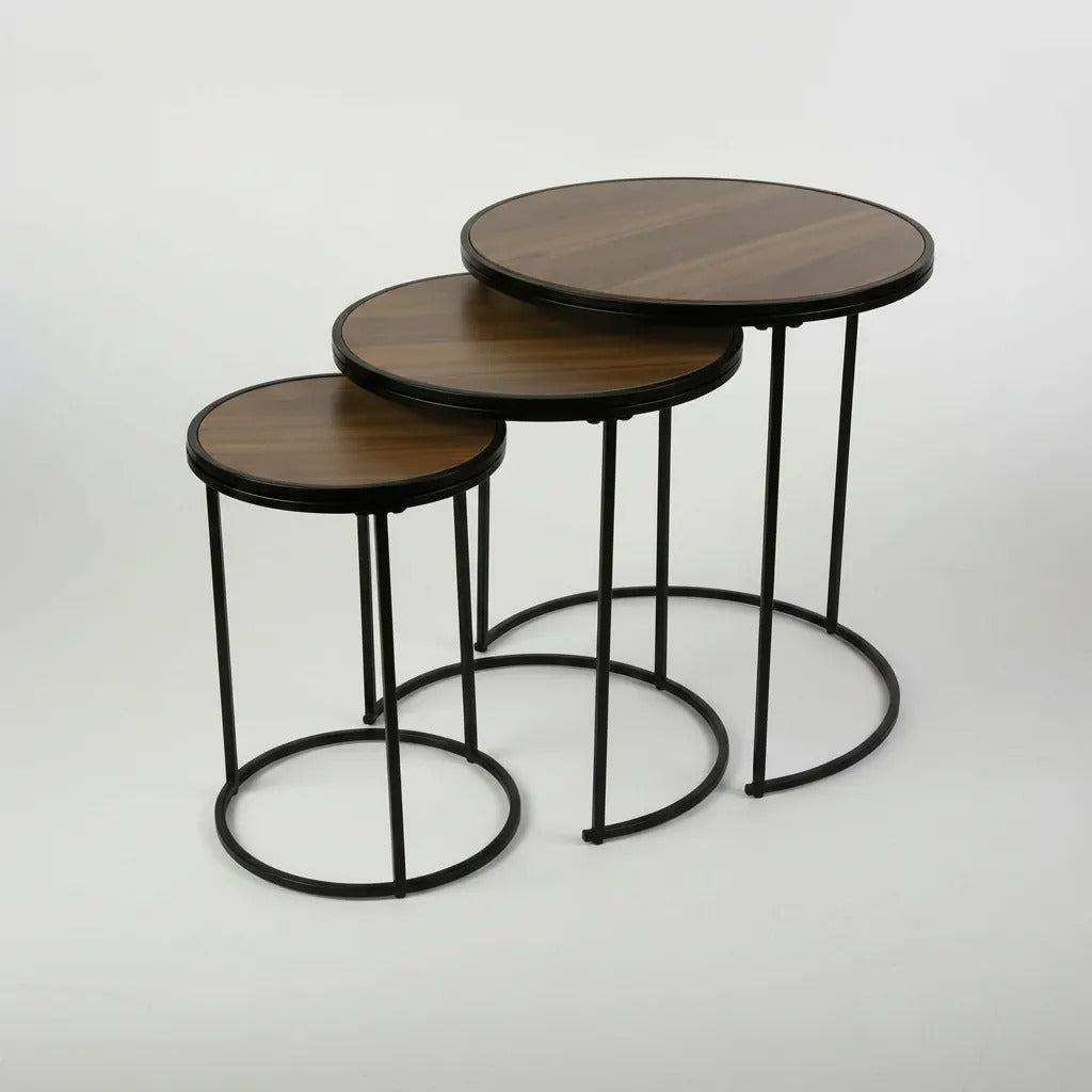 Set X3 Mesas Ratonas Nido Hierro Y Madera Industrial