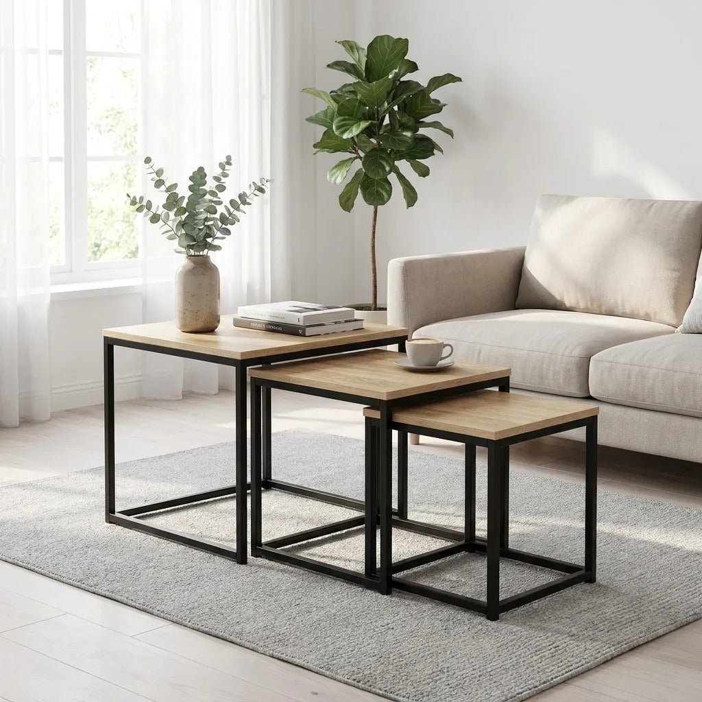 Mesas Ratonas Set X3 Nido Hierro Y Madera Estilo Industrial