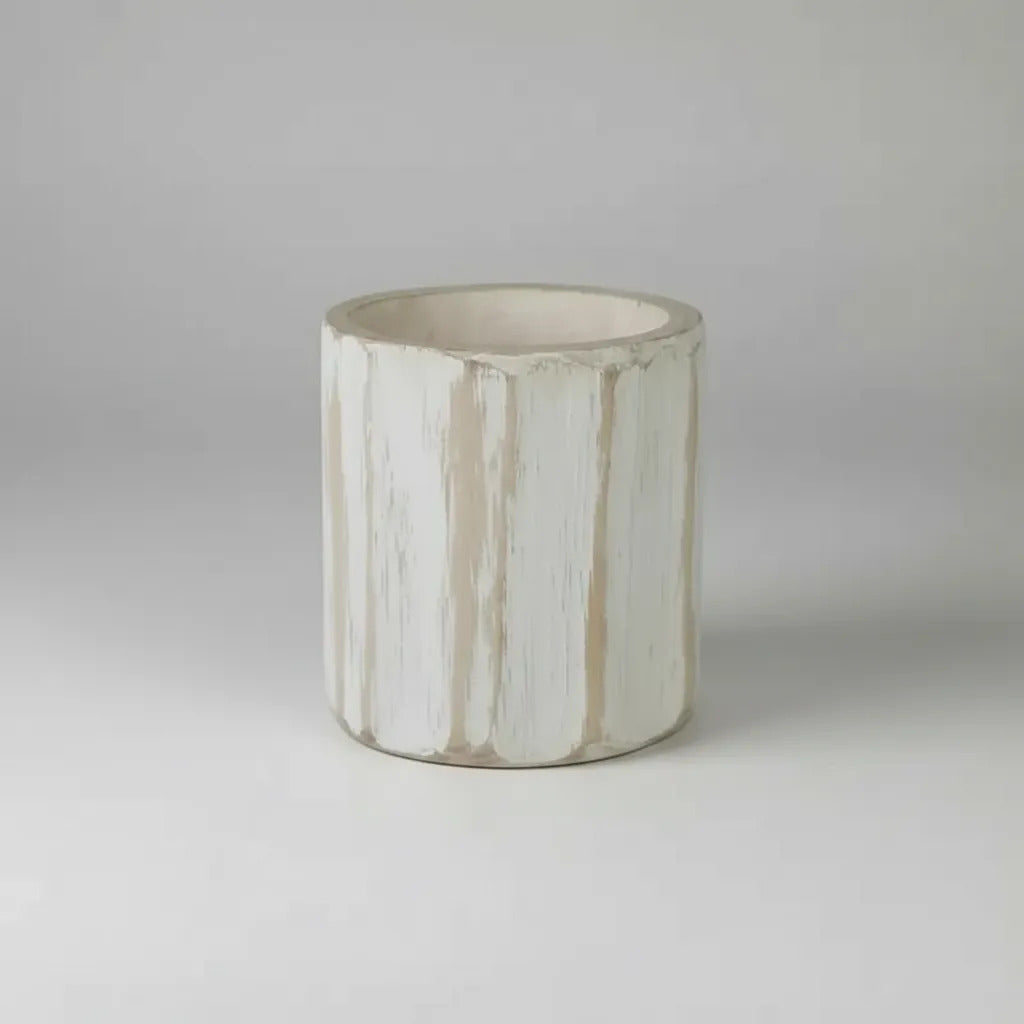 Jarron Madera Kiri Blanco Texturado Florero Deco 22x21cm