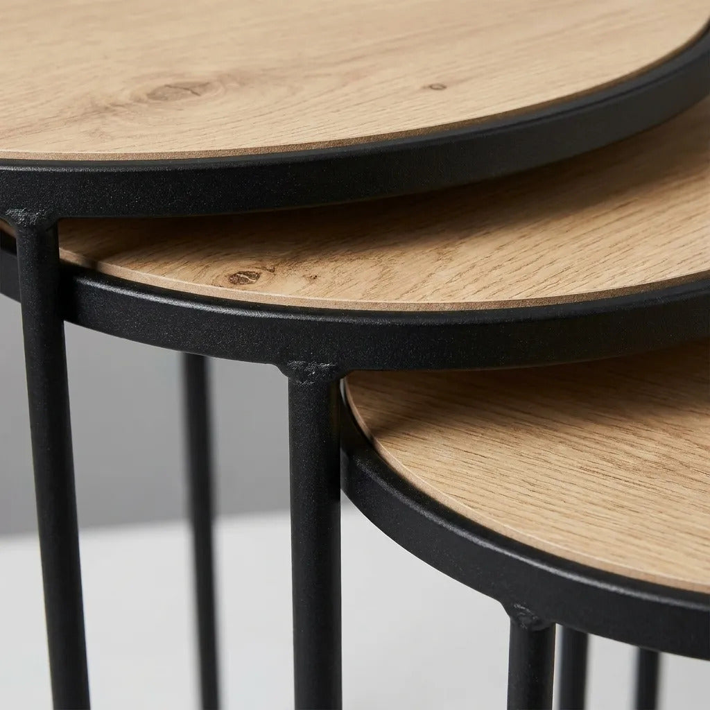 Mesas Ratonas Nido Set X3 Hierro Y Madera Clara Industrial