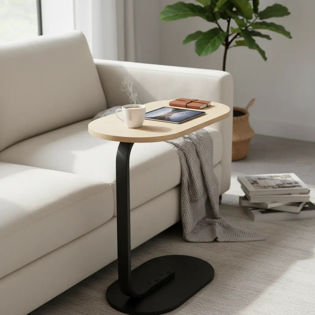 Mesa De Arrime Auxiliar Hierro Y Madera Clara 56x39x28