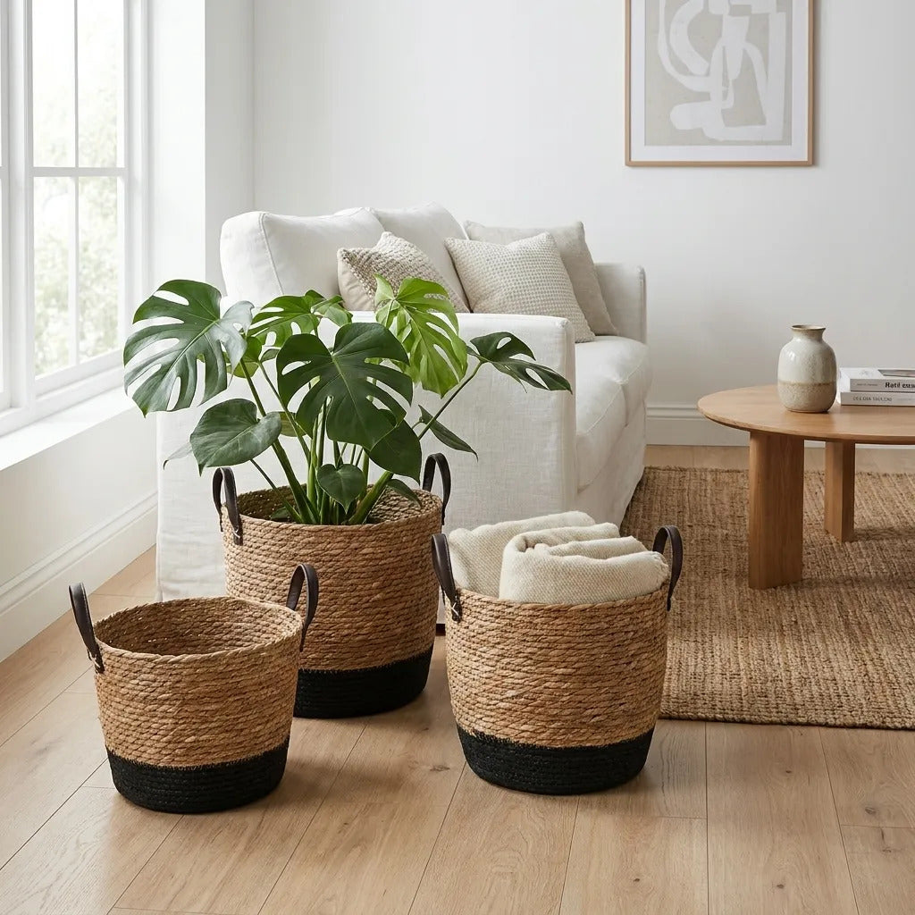 Set 3 Canastos Fibras Naturales Manijas Ecocuero Organizador