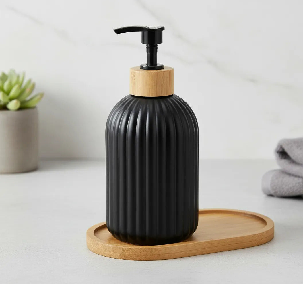 Set Duo Dispenser Jabon Vidrio Negro Bandeja Bambu Baño