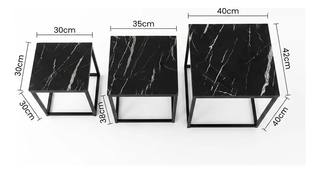 Mesas Ratonas Set X3 Hierro Y Madera Simil Marmol Negro