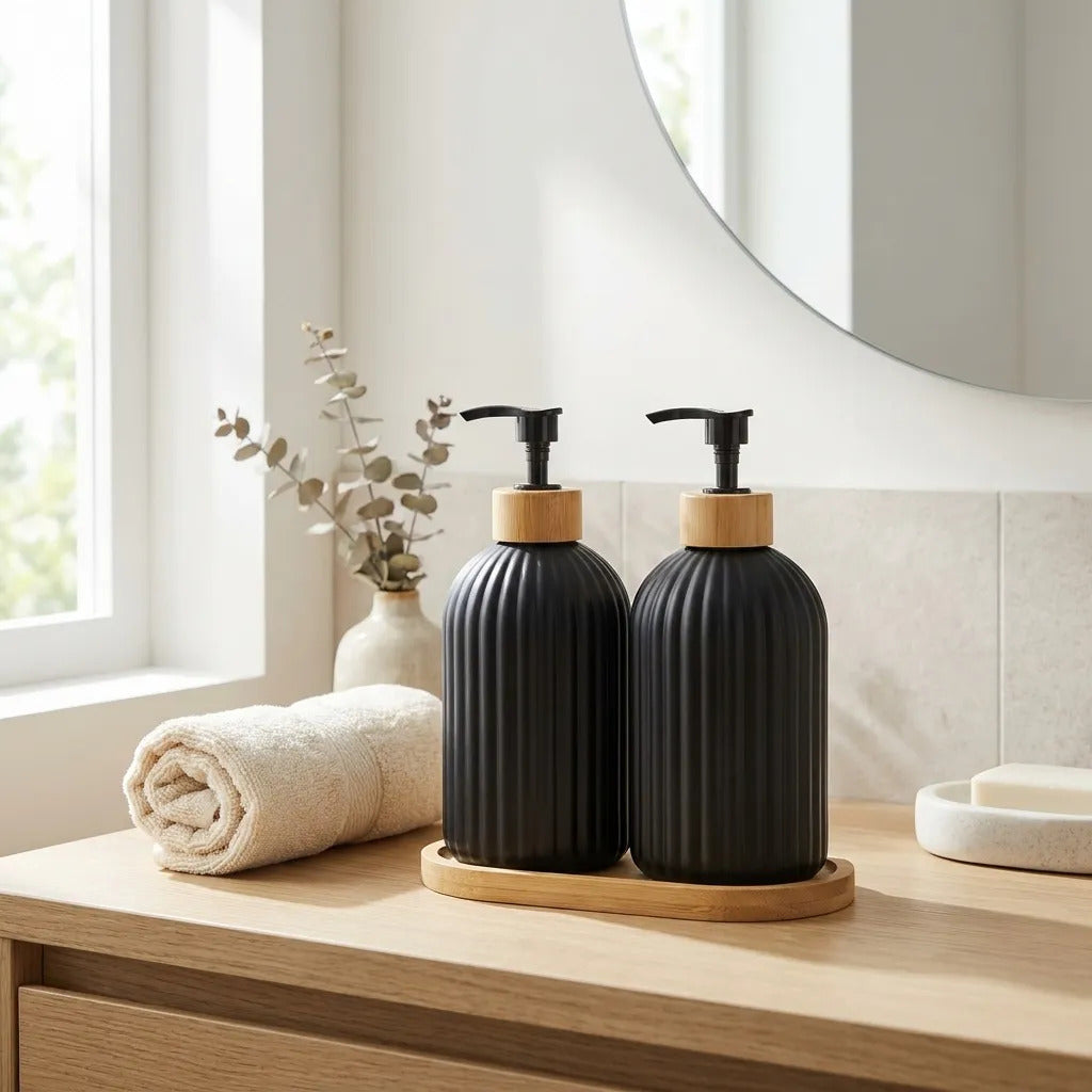 Set Duo Dispenser Jabon Vidrio Negro Bandeja Bambu Baño