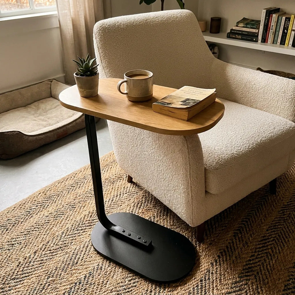 Mesa De Arrime Auxiliar Hierro Y Madera Clara 56x39x28