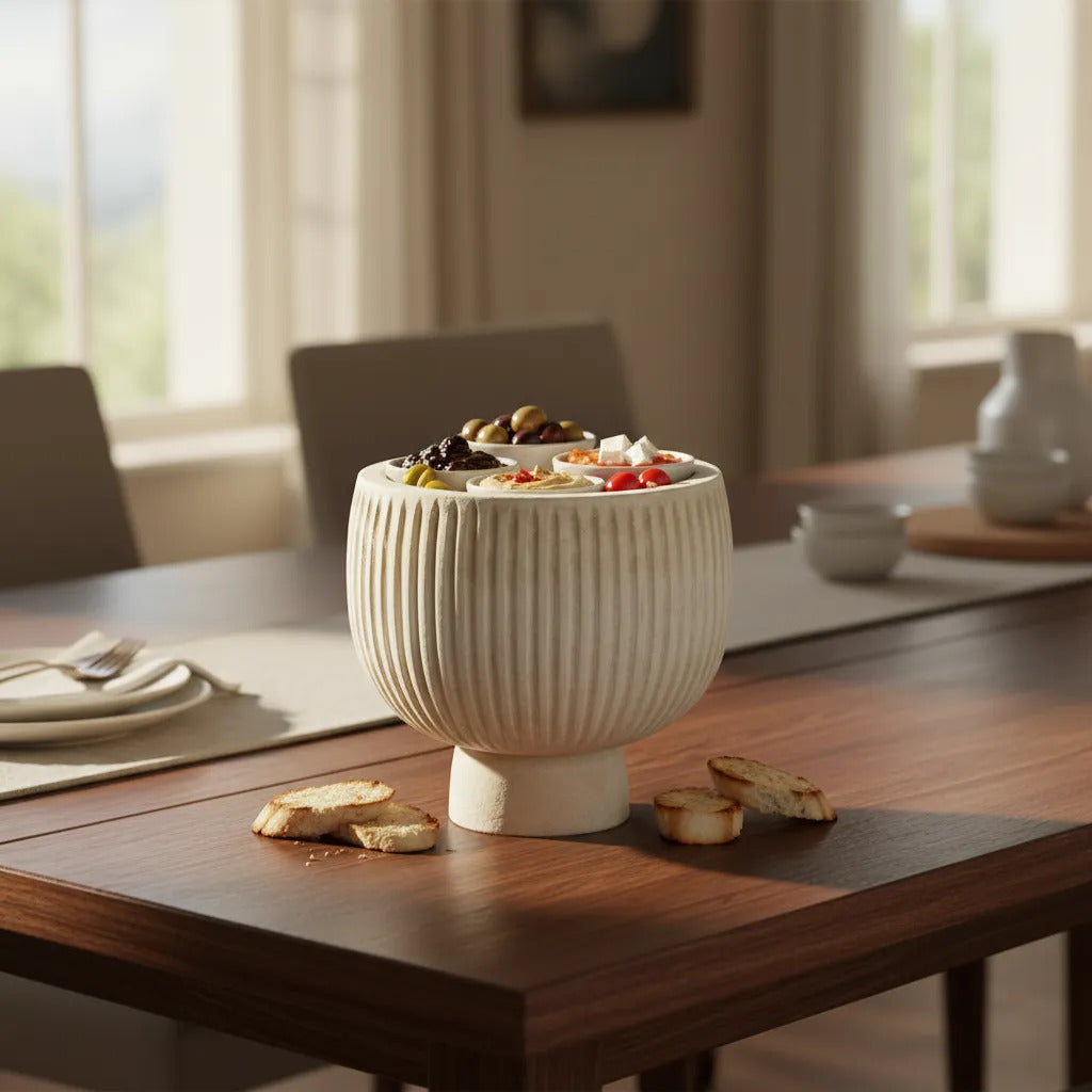 Cuenco Bowl De Madera Kiri Oval Blanco Rayado Copetin 27cm