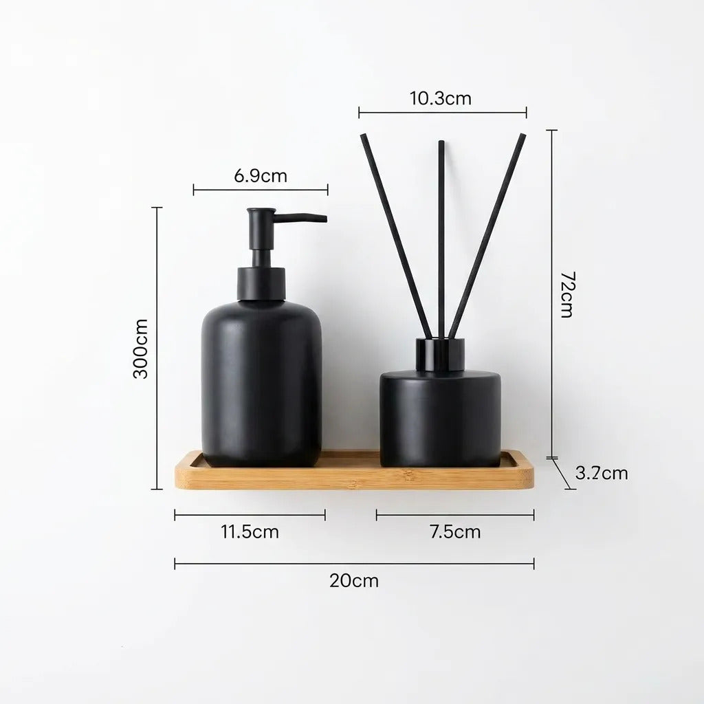 Set Dispenser Jabon Y Difusor Ceramica Negro Bandeja 300ml