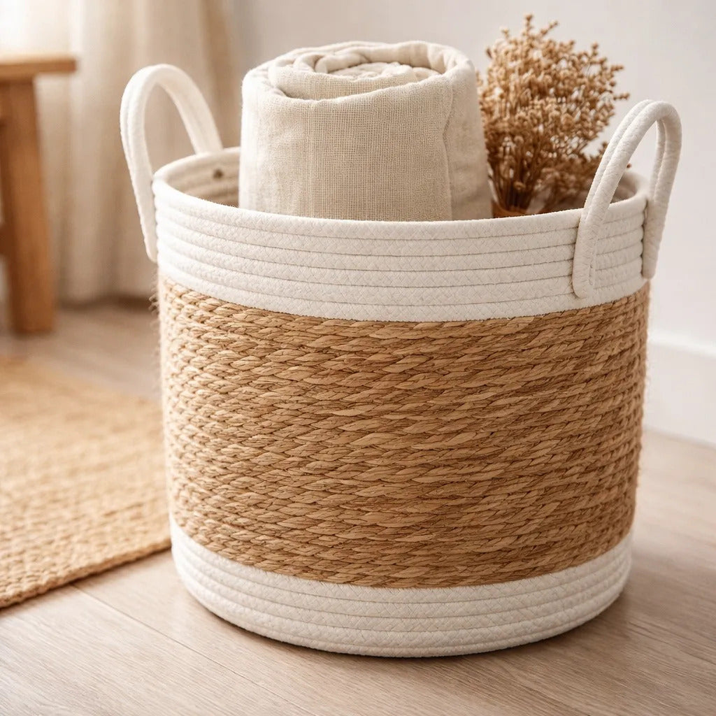 Set X2 Cestos Canastas Fibras Naturales Algodón Beige