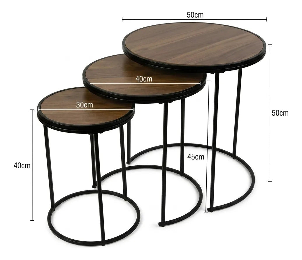Set X3 Mesas Ratonas Nido Hierro Y Madera Industrial