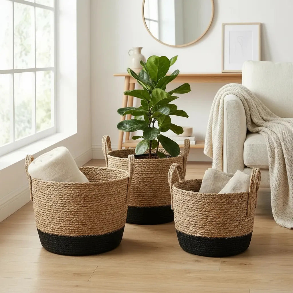 Set 3 Canastos Organizadores Fibras Naturales Beige Negro