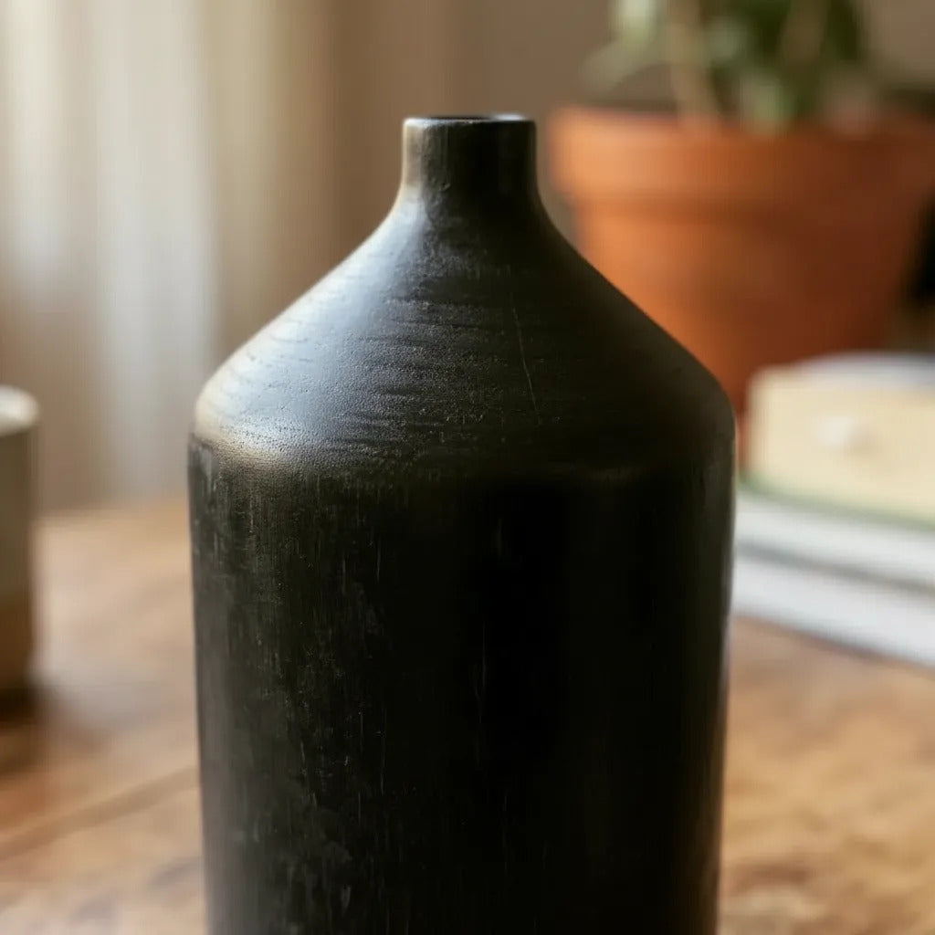 Botellon Madera Kiri Negro Florero Decorativo 25x15cm