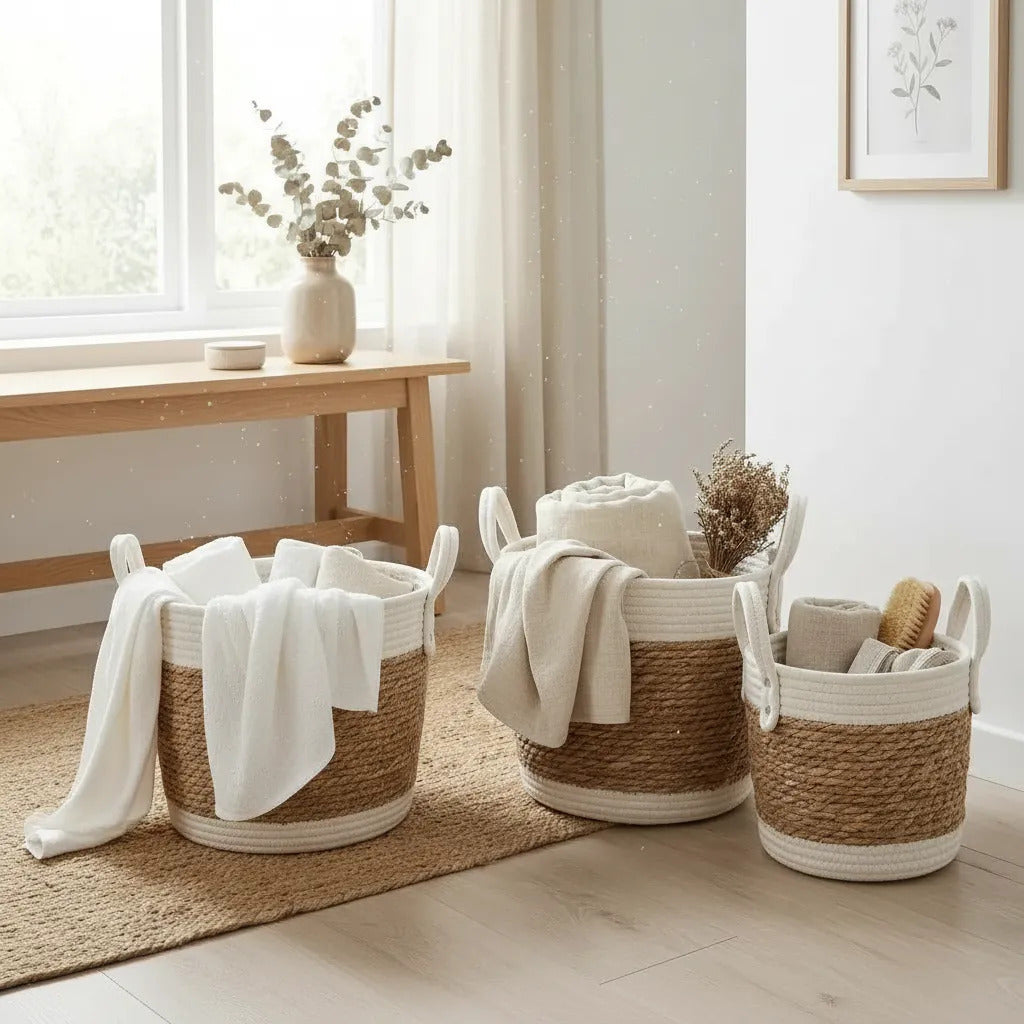 Set X2 Cestos Canastas Fibras Naturales Algodón Beige
