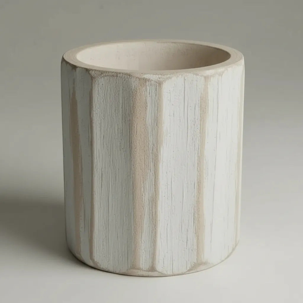 Jarron Madera Kiri Blanco Texturado Florero Deco 22x21cm