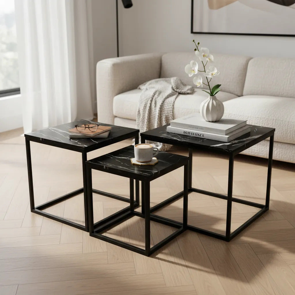 Mesas Ratonas Set X3 Hierro Y Madera Simil Marmol Negro