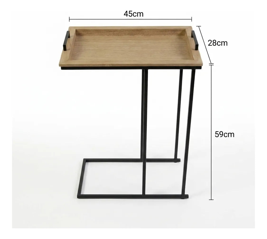 Mesa De Arrime Auxiliar Bandeja Hierro Y Madera 45x28x59cm