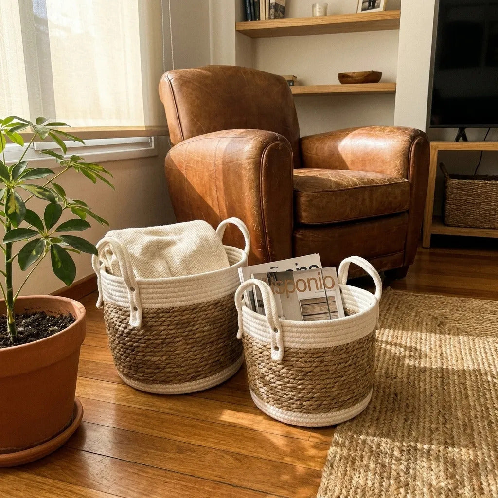 Set X2 Cestos Canastas Fibras Naturales Algodón Beige