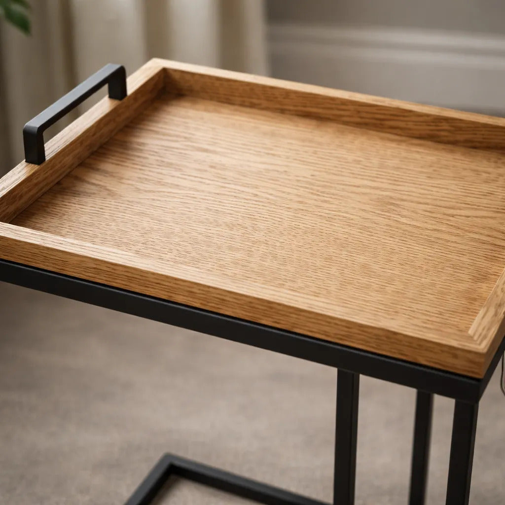 Mesa De Arrime Auxiliar Bandeja Hierro Y Madera 45x28x59cm