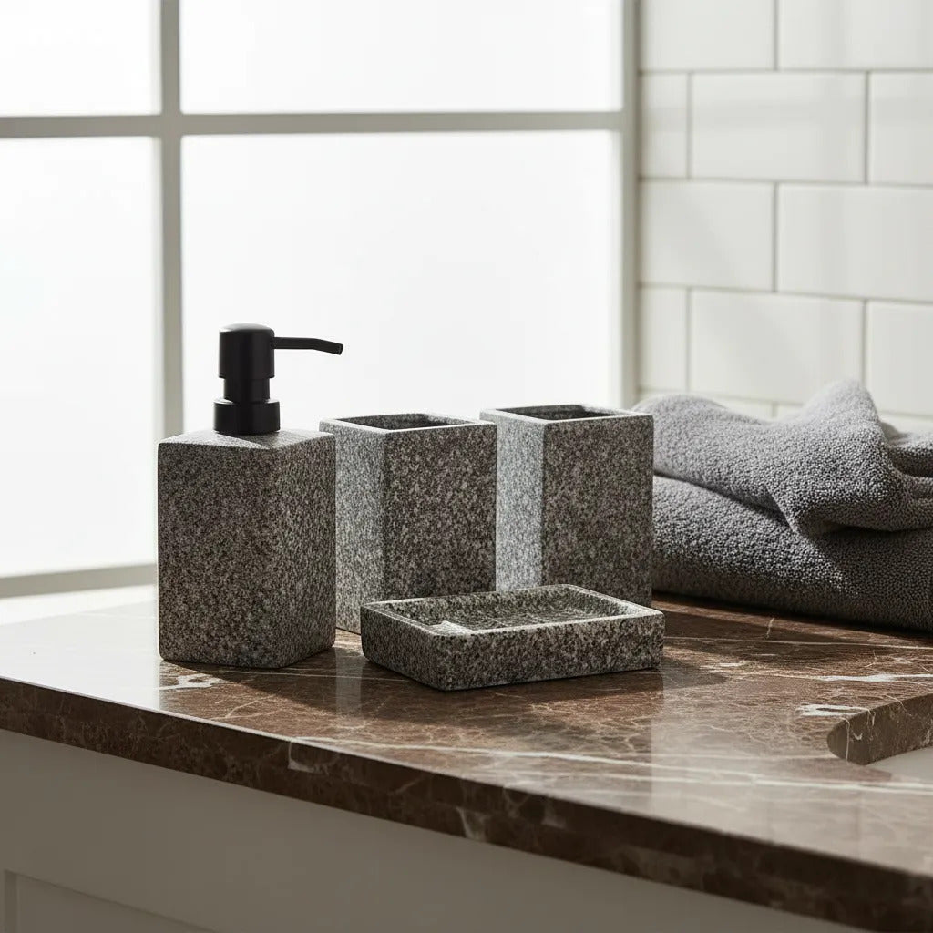 Set Accesorios Baño 4 Piezas Ceramica Granito Rectangular