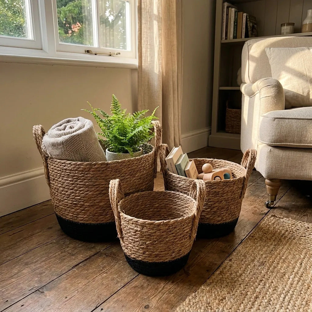 Set 3 Canastos Organizadores Fibras Naturales Beige Negro