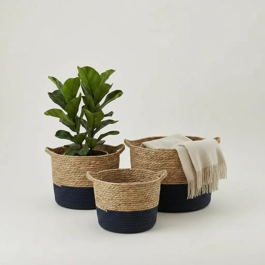 Set X 3 Canastos Fibras Naturales Bitono Organizadores Deco