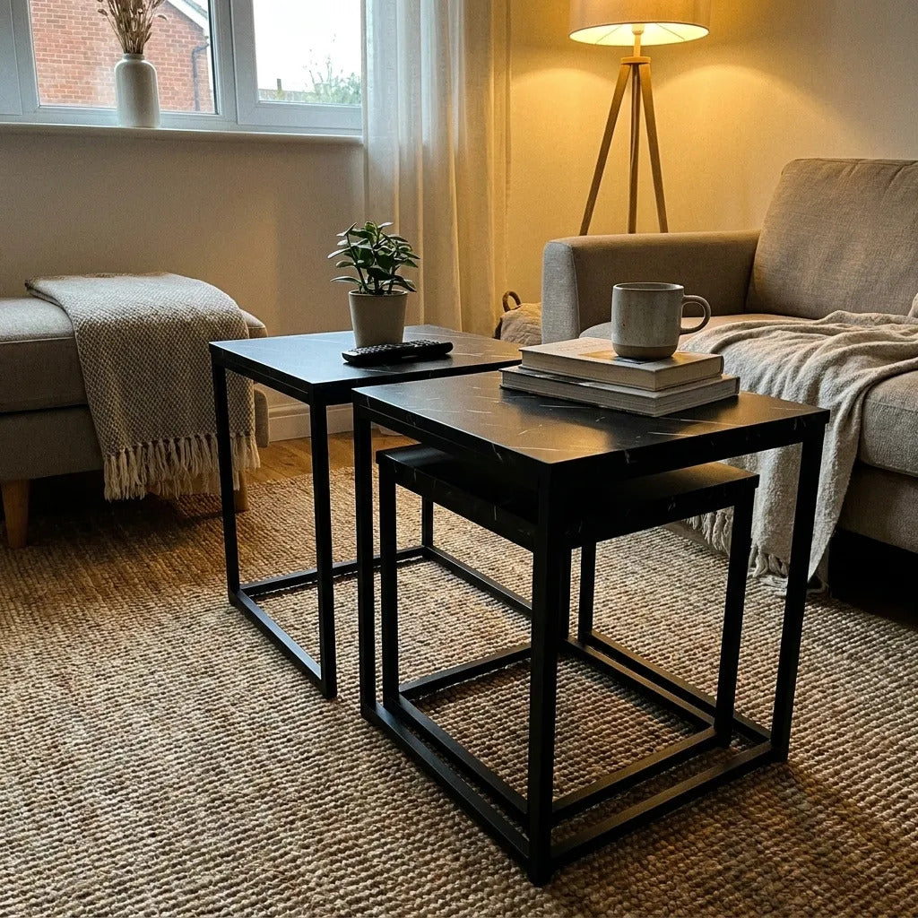 Mesas Ratonas Set X3 Hierro Y Madera Simil Marmol Negro