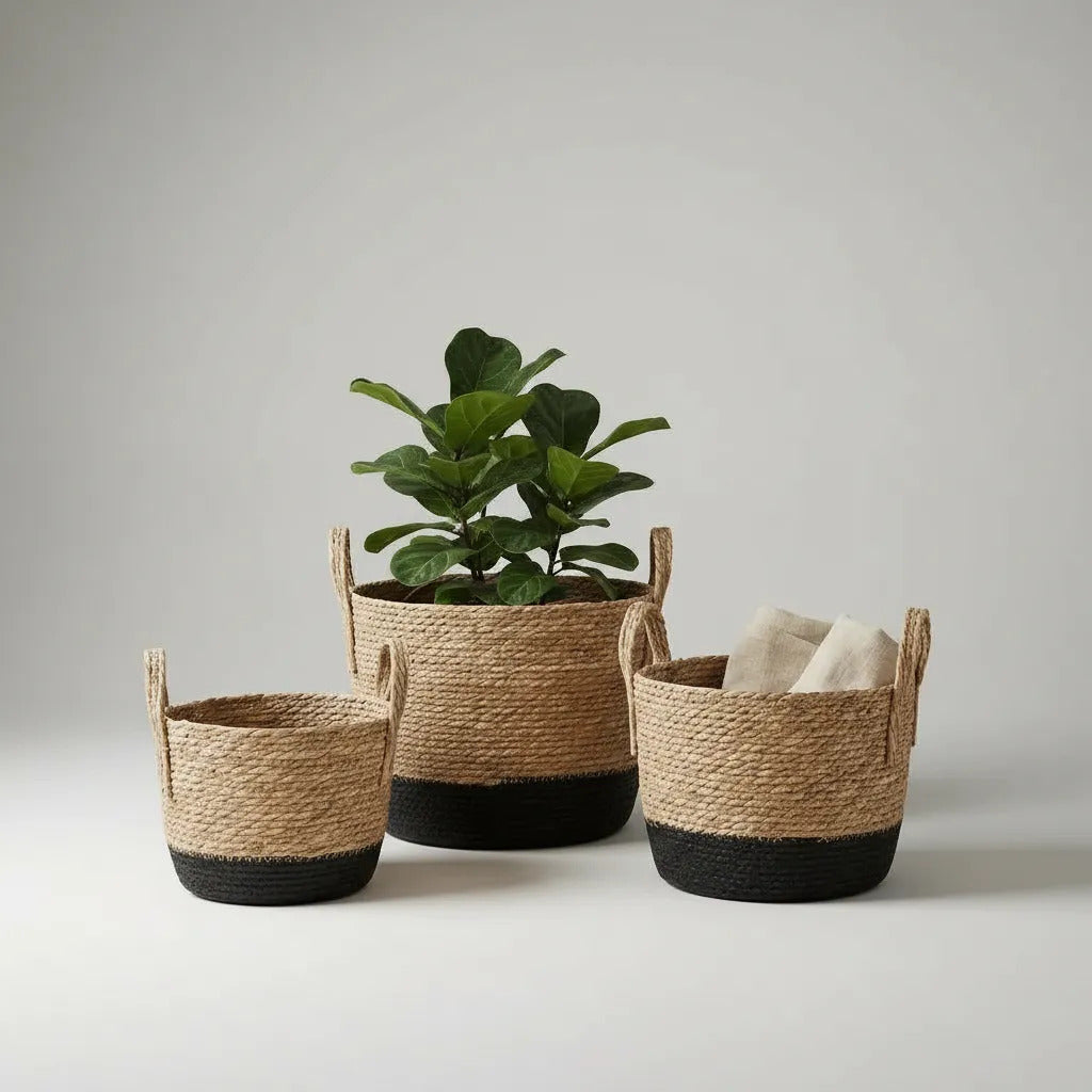 Set 3 Canastos Organizadores Fibras Naturales Beige Negro