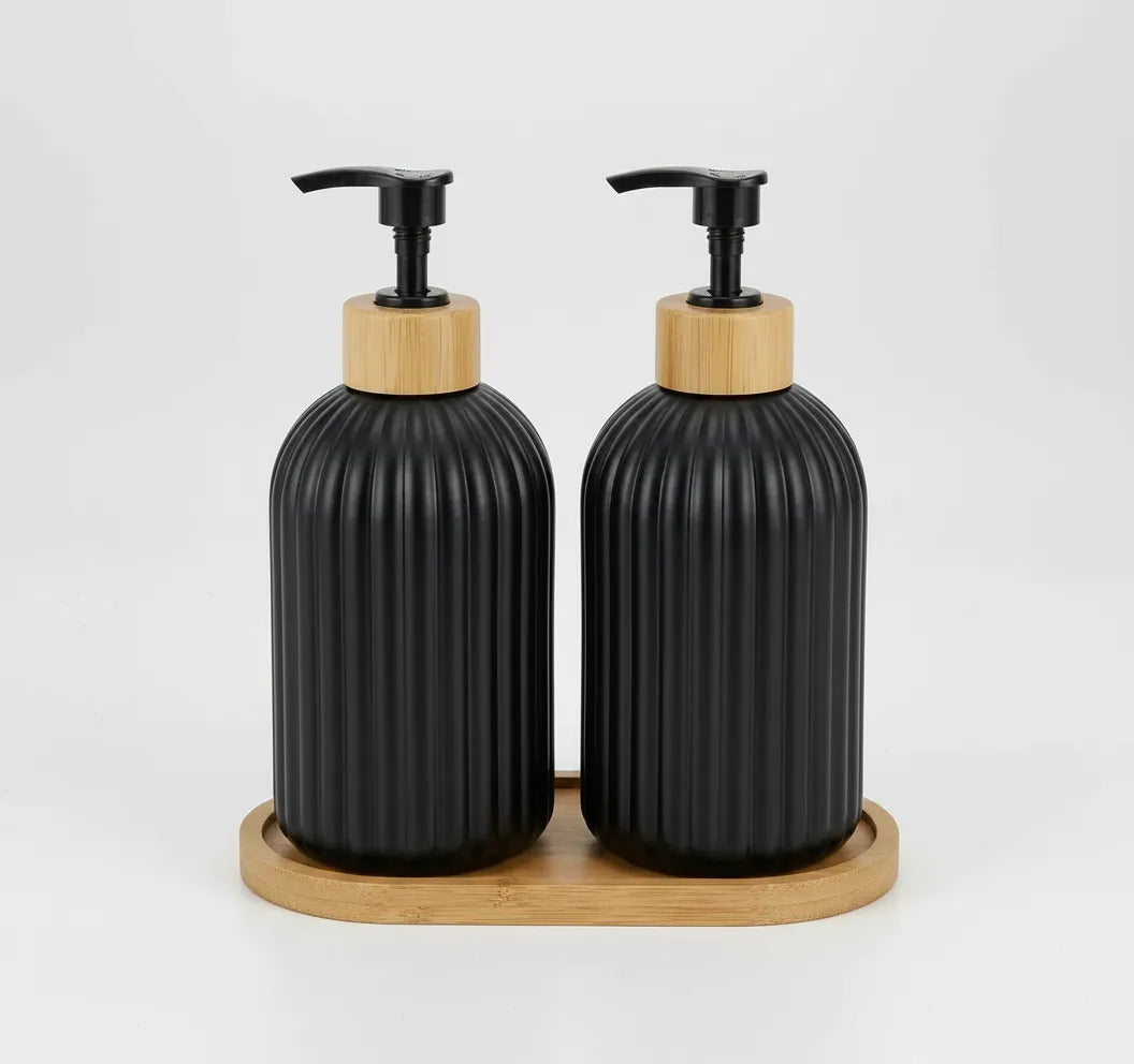 Set Duo Dispenser Jabon Vidrio Negro Bandeja Bambu Baño