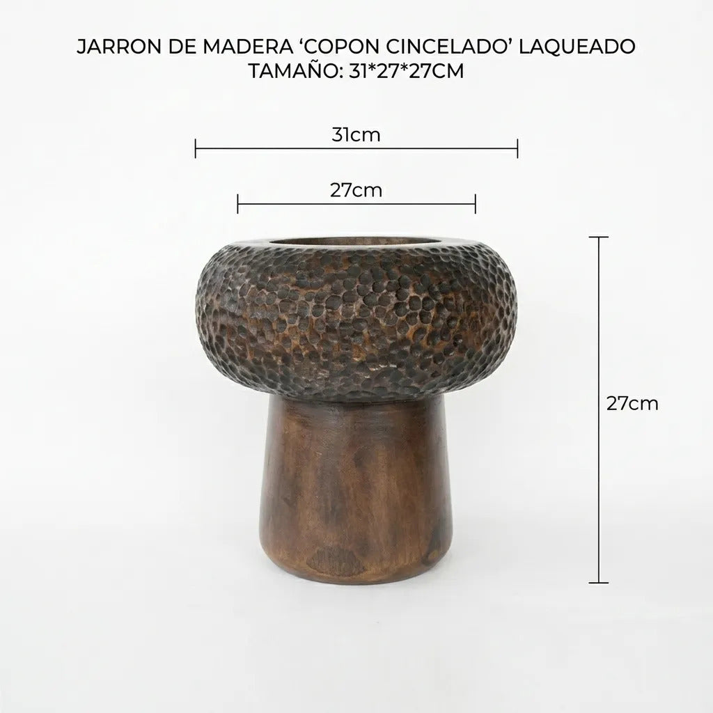Jarrón Florero Madera Kiri Cincelado Laqueado Copón 31x27cm