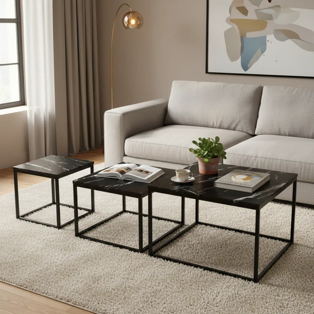 Mesas Ratonas Set X3 Hierro Y Madera Simil Marmol Negro