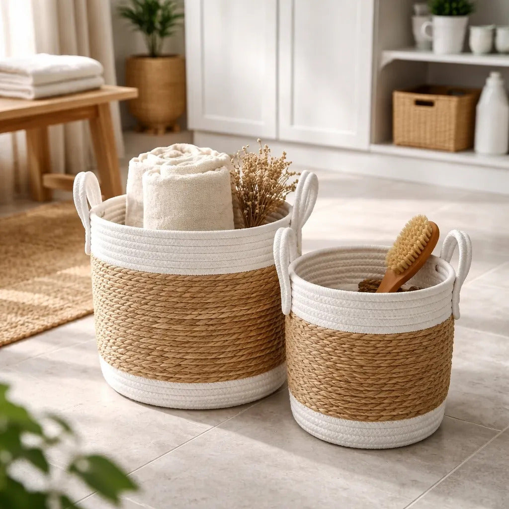 Set X2 Cestos Canastas Fibras Naturales Algodón Beige