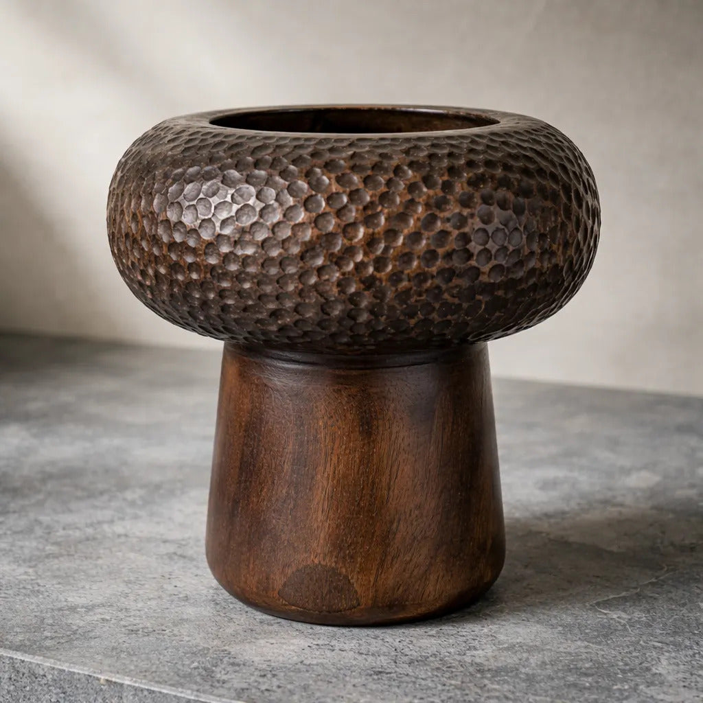 Jarrón Florero Madera Kiri Cincelado Laqueado Copón 31x27cm