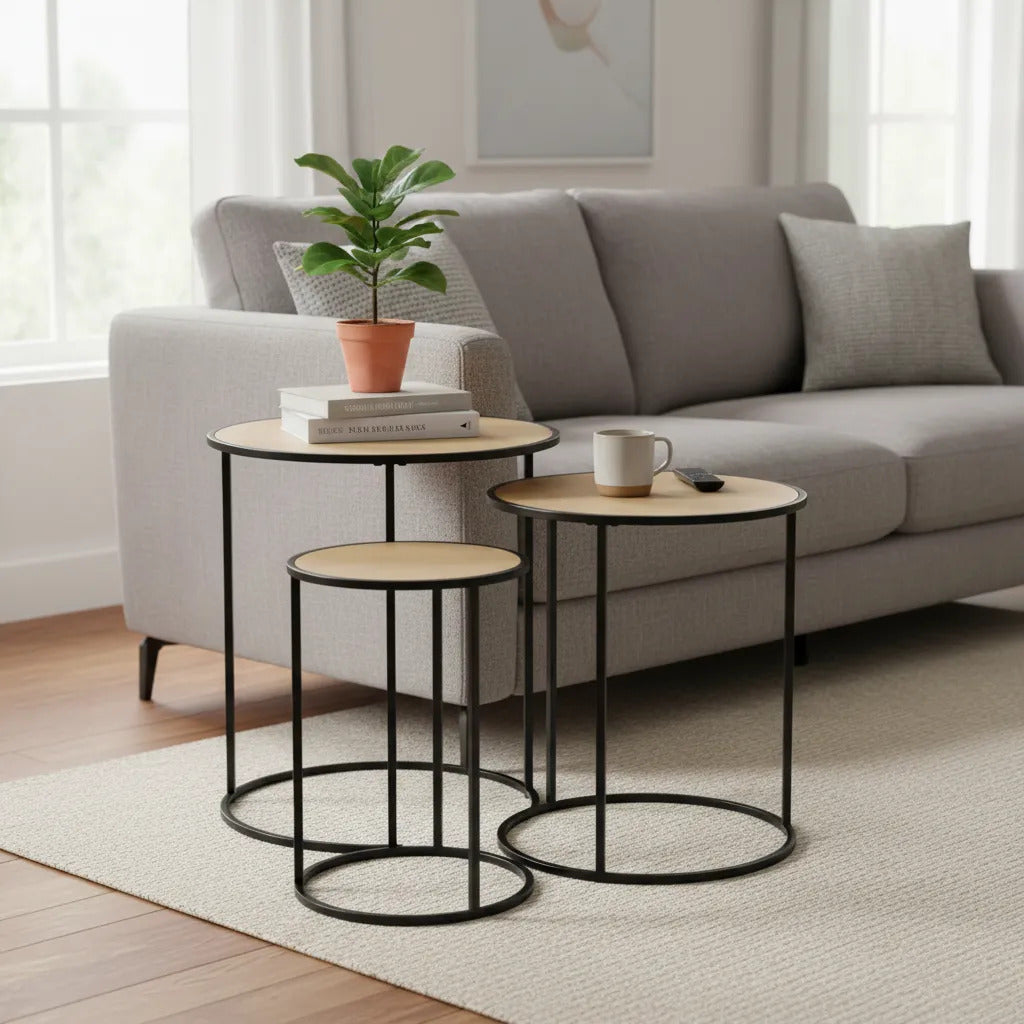 Mesas Ratonas Nido Set X3 Hierro Y Madera Clara Industrial