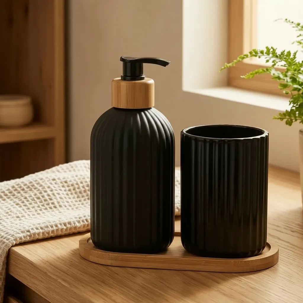 Dispenser De Jabón Y Vaso De Vidrio Negro Bambu 300ml