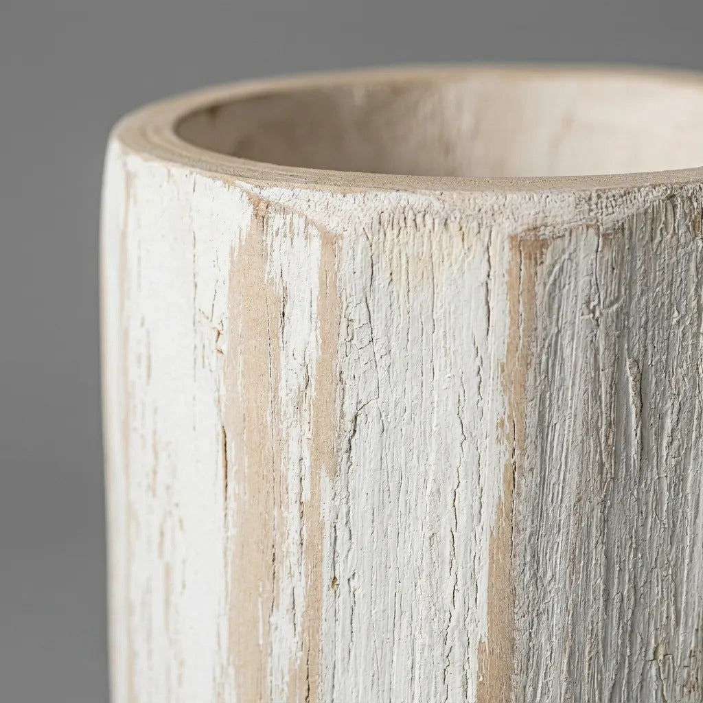 Jarron Madera Kiri Blanco Texturado Florero Deco 22x21cm