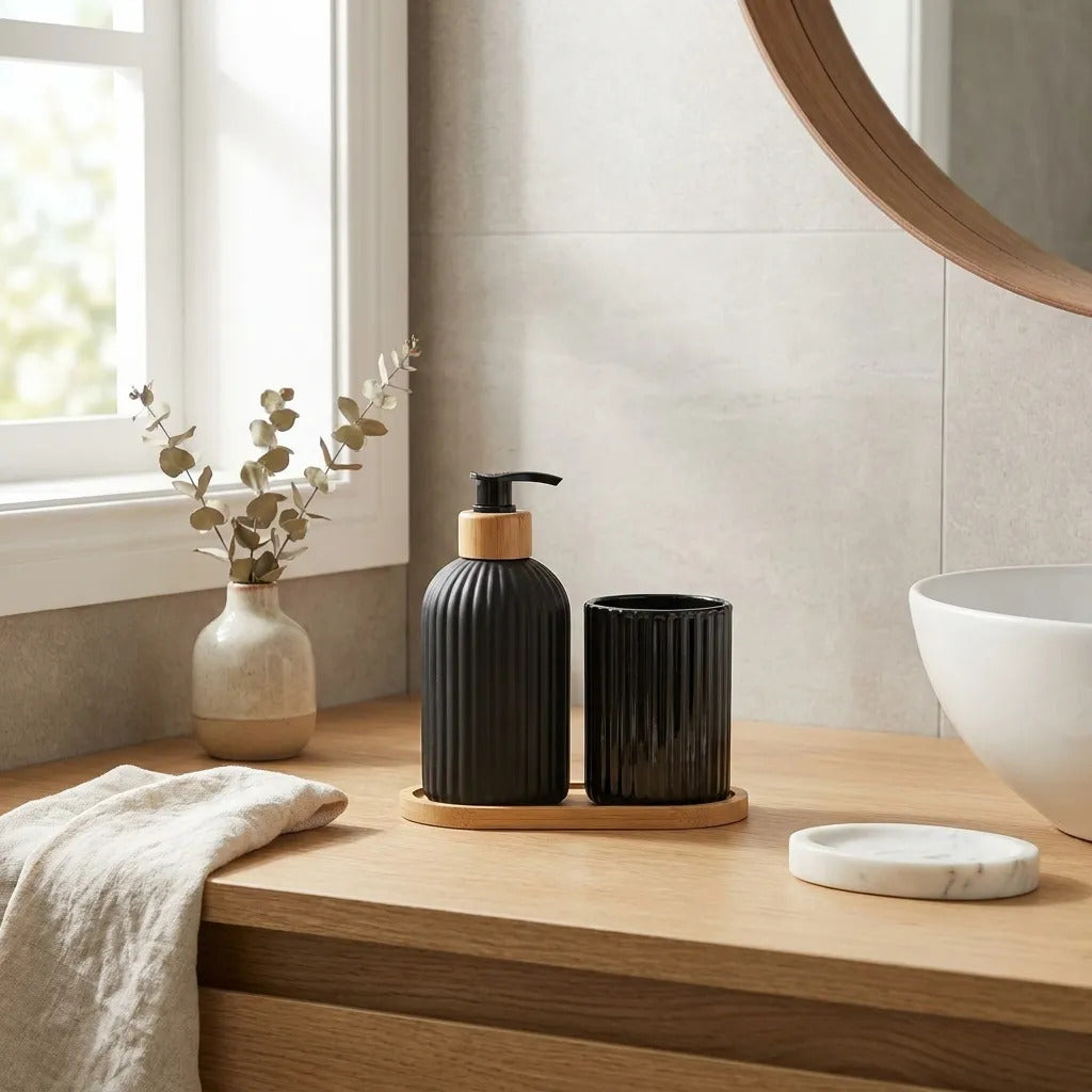 Dispenser De Jabón Y Vaso De Vidrio Negro Bambu 300ml