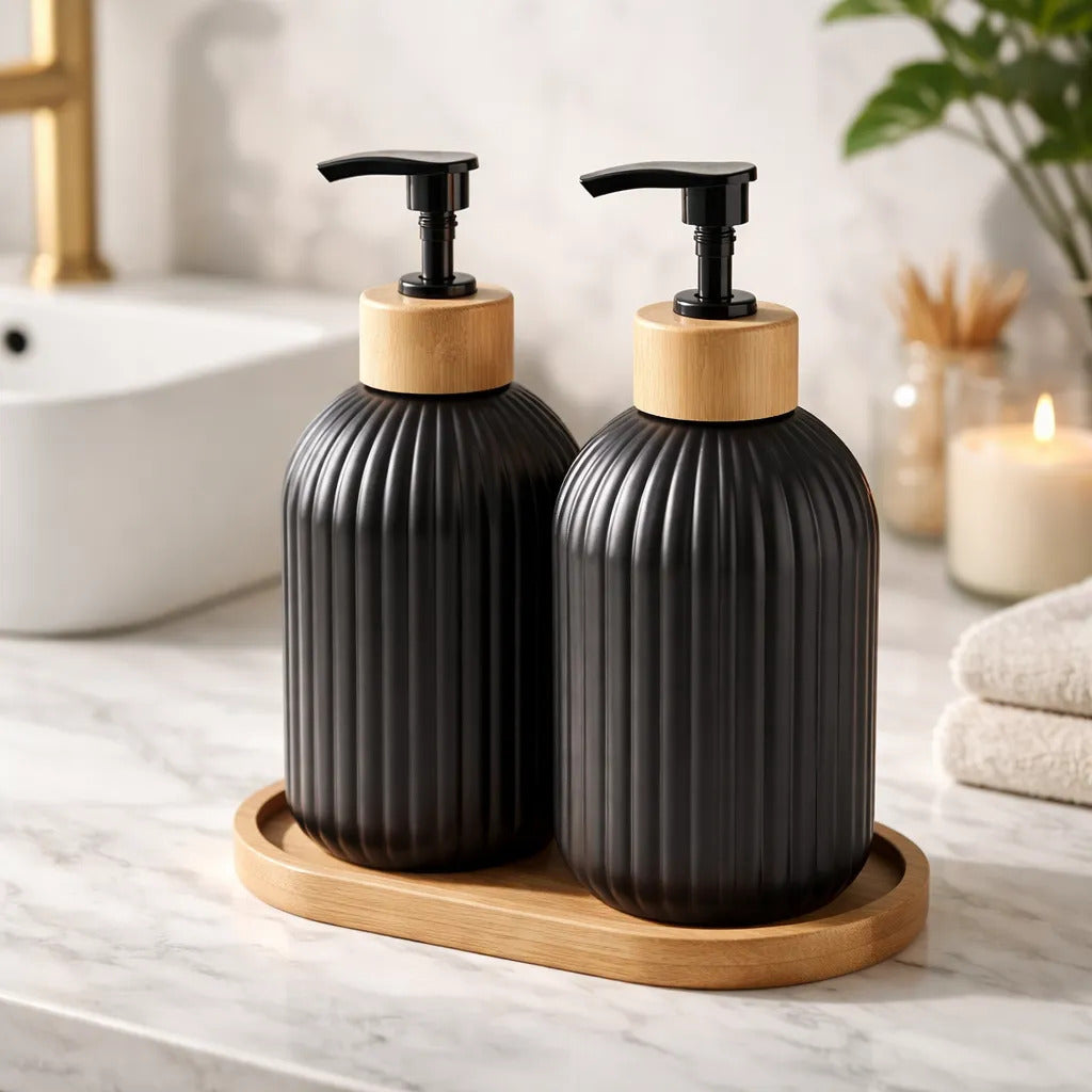 Set Duo Dispenser Jabon Vidrio Negro Bandeja Bambu Baño