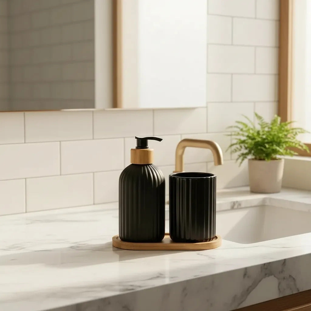 Dispenser De Jabón Y Vaso De Vidrio Negro Bambu 300ml