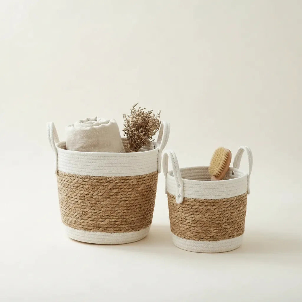Set X2 Cestos Canastas Fibras Naturales Algodón Beige